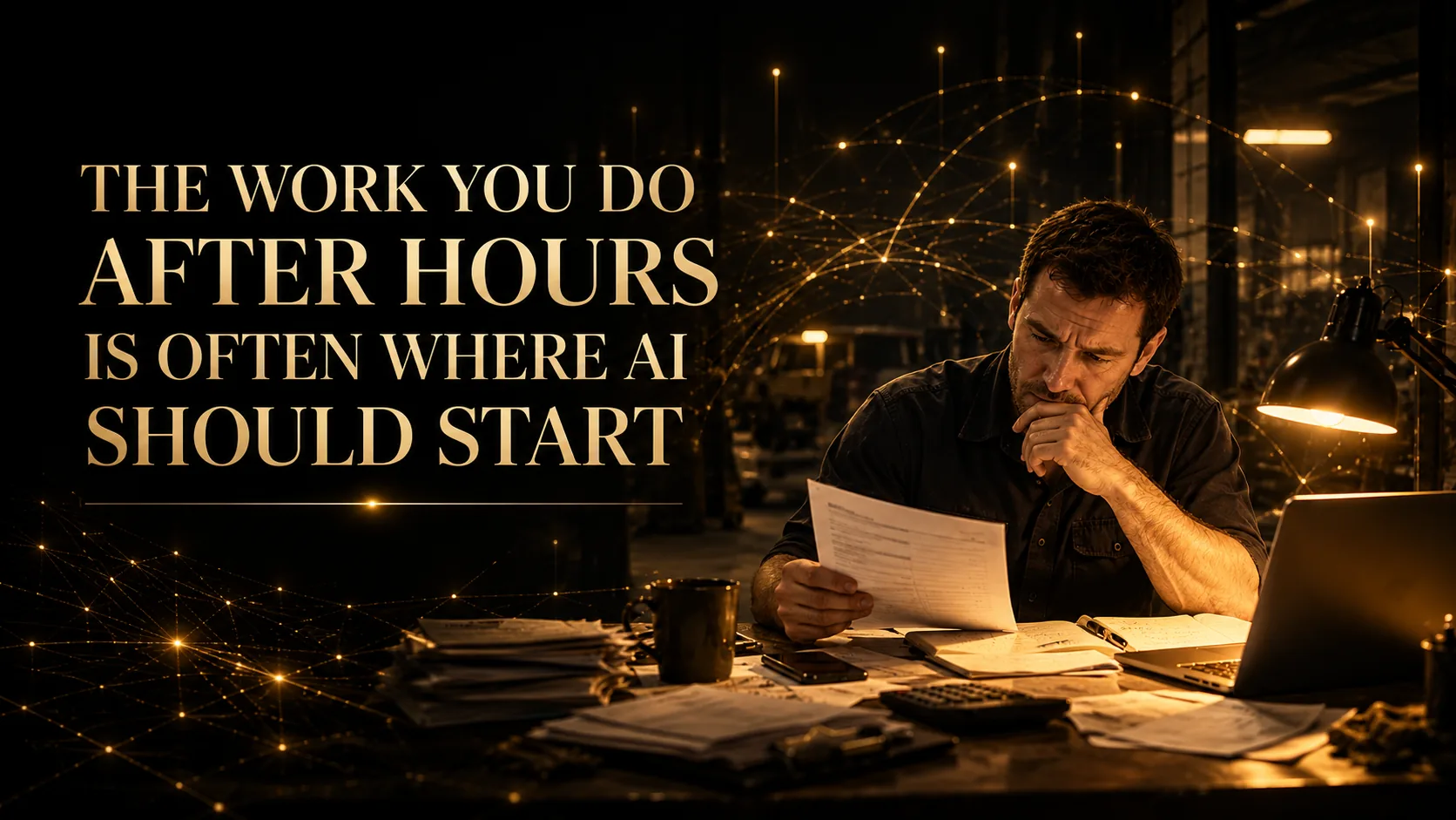 Gold editorial title beside a business owner working through paperwork after hours