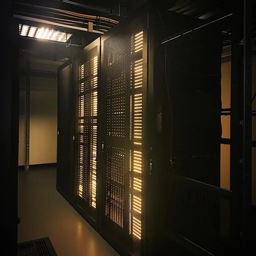 Server racks illuminated by warm gold light