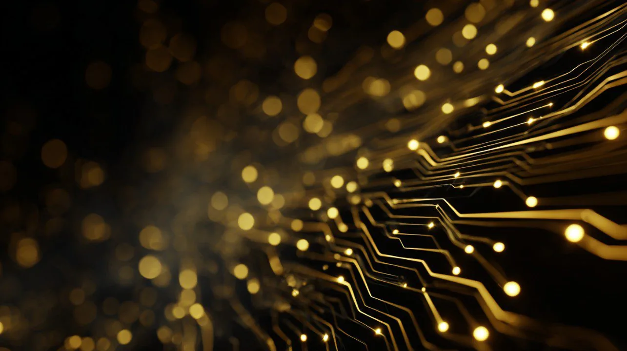 Gold circuit pathways and glowing connection points